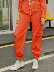 Pantalones cargo neón naranja con bolsillo con solapa de cintura con cordón - Naranja - Ver 4