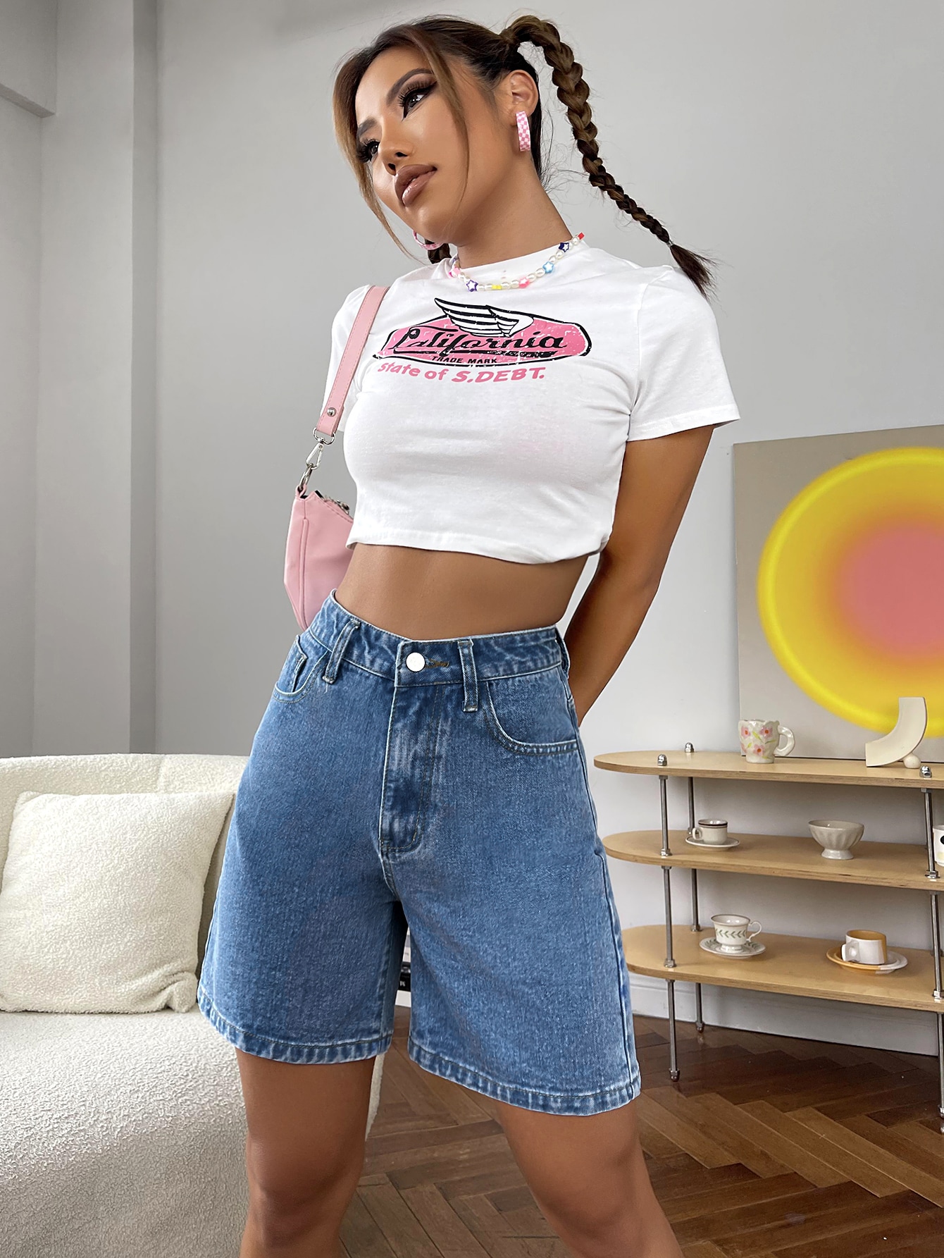 SHEIN EZwear Shorts en mezclilla de talle alto de pierna ancha Moda