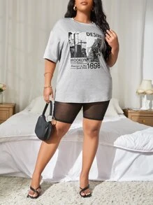 SHEIN SXY Plus Building & Slogan Graphic Drop Shoulder Tee - Grey - View 4