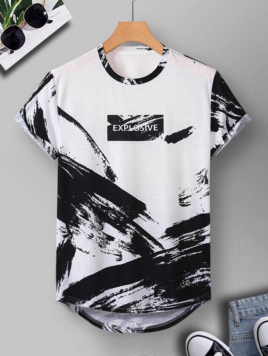 Manfinity Homme Men T-Shirts Fit Crew Neck Short Sleeve Graphic Tee Tie Dye Casual Street Summer Polyester - Black and White - View 1
