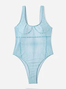 Phụ nữ một mảnh màu trơn Giải trí - Màu xanh nhạt - Xem 1