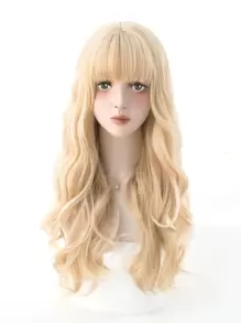 alicegarden 1 pieza Peluca larga ondulada sintética resistente al calor, en tono dorado con flequillo, 24 pulgadas de largo, hecha de fibra, adecuada para el uso diario, pieza de cabello falso natural y realista (no incluye accesorios) para la fiesta navideña, vacaciones y la Y2K. Elegante peluca de fibra adecuada para su uso, pieza de cabello falso natural y realista - Dorado - Ver 1