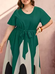 Mulvari Plus Color Block Belted Dress - Green - View 3