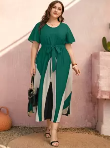 Mulvari Plus Color Block Belted Dress - Green - View 4