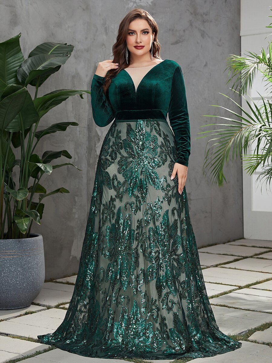 YISIKADO Vestido fiesta con lentejuela en contraste de espalda V - Verde Oscuro - Ver 1