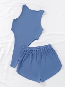 SHEIN Unity Letter Graphic Bodysuit & Drawstring Waist Shorts - Blue - View 2