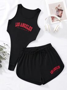 SHEIN Unity Letter Graphic Bodysuit & Drawstring Waist Shorts - Black - View 1