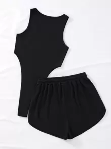 SHEIN Unity Letter Graphic Bodysuit & Drawstring Waist Shorts - Black - View 2
