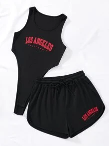SHEIN Unity Letter Graphic Bodysuit & Drawstring Waist Shorts - Black - View 6