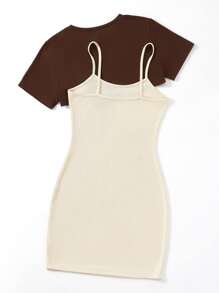 SHEIN Unity 字母圖案吊帶連衣裙和前短後長T恤 - 彩色 - 查看 2