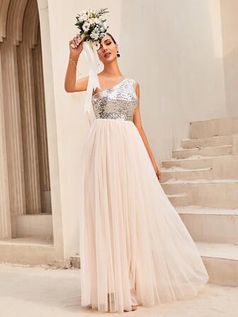 LOVE&LEMONADE 亮片拼接單肩網紗覆蓋下擺正式連衣裙