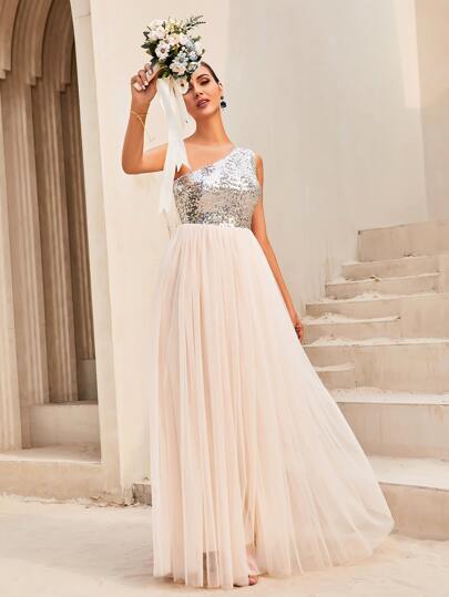 LOVE&LEMONADE Contrast Sequin One Shoulder Mesh Overlay Hem Formal Dress