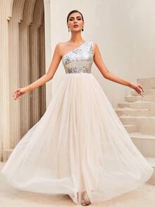 LOVE&LEMONADE Contrast Sequin One Shoulder Mesh Overlay Hem Formal Dress - Beige - View 6