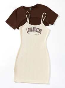 SHEIN Unity 字母圖案吊帶連衣裙和前短後長T恤 - 彩色 - 查看 6