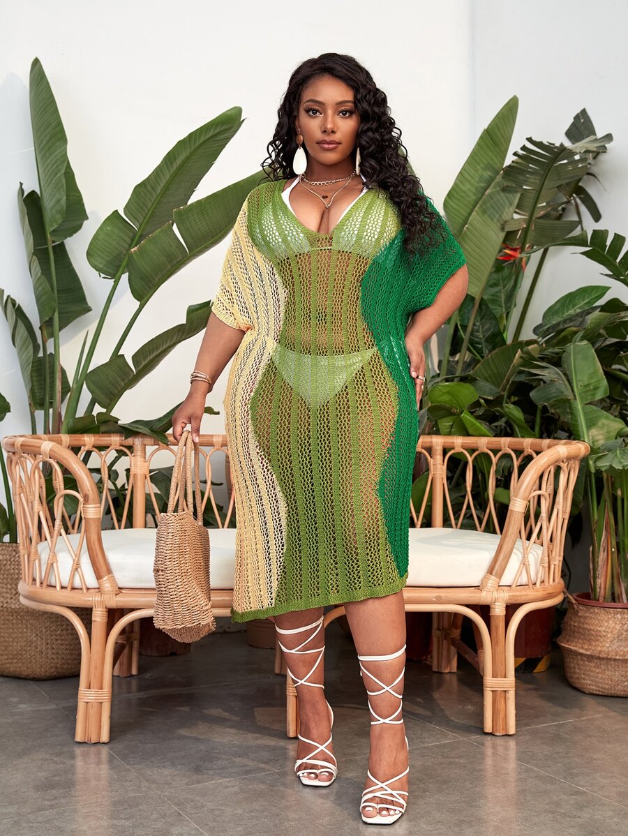 SHEIN Swim Curve Plus Colorblock Dolman Sleeve Cover Up Dress Without Bikini Set - Multicolor - View 1
