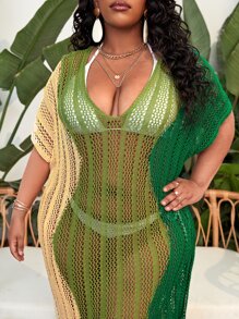 SHEIN Swim Curve Plus Colorblock Dolman Sleeve Cover Up Dress Without Bikini Set - Multicolor - View 4