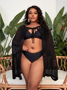 Plus Tie Front Sheer Kimono Without Bikini Set - Black - View 1