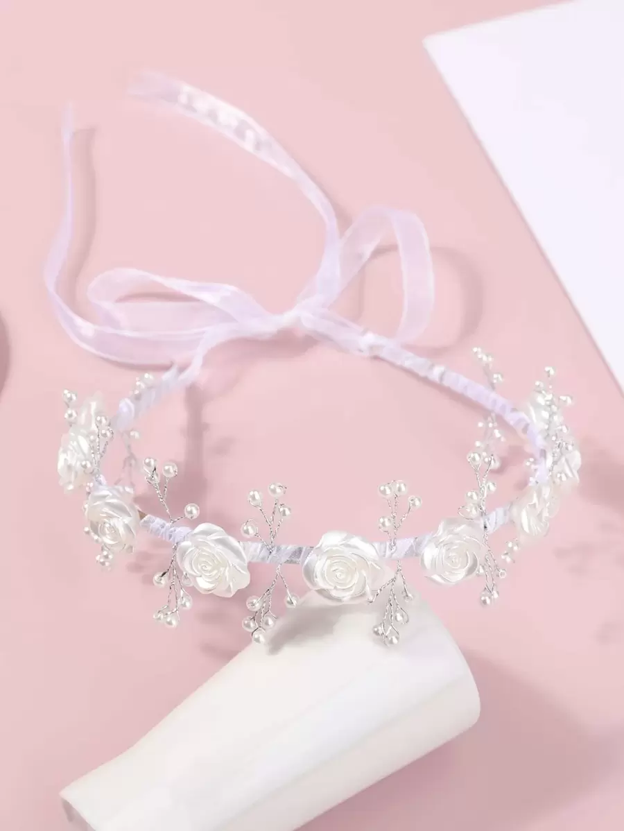 小女童珍珠和花朵裝飾髮箍 - 白色 - 查看 1