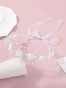 小女童珍珠和花朵裝飾髮箍 - 白色 - 查看 5