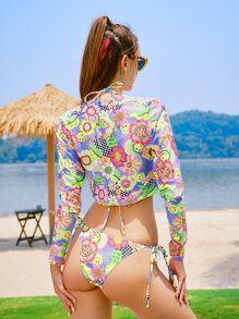 ROMWE 3件套式花卉和卡通圖案時尚露背比基尼泳衣及罩衫 - 彩色 - 查看 2