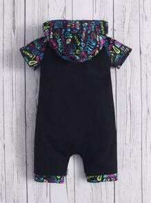 SHEIN Baby Letter Graphic Hooded Romper - Black - View 2