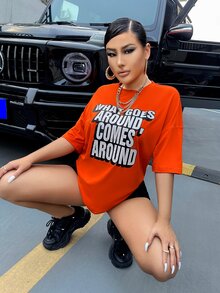 SHEIN SXY 休閒標語女士T恤 - 橘色 - 查看 4