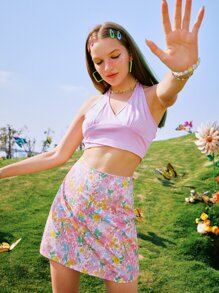 ROMWE Solid Wrap Halter Crop Top & Floral Zip Back Skirt - Multicolor - View 2