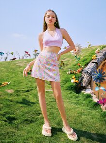 ROMWE Solid Wrap Halter Crop Top & Floral Zip Back Skirt - Multicolor - View 3