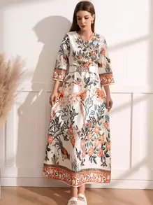 Al Najma Floral Print Round Neck Tunic Dress Without Belt - Multicolor - View 1