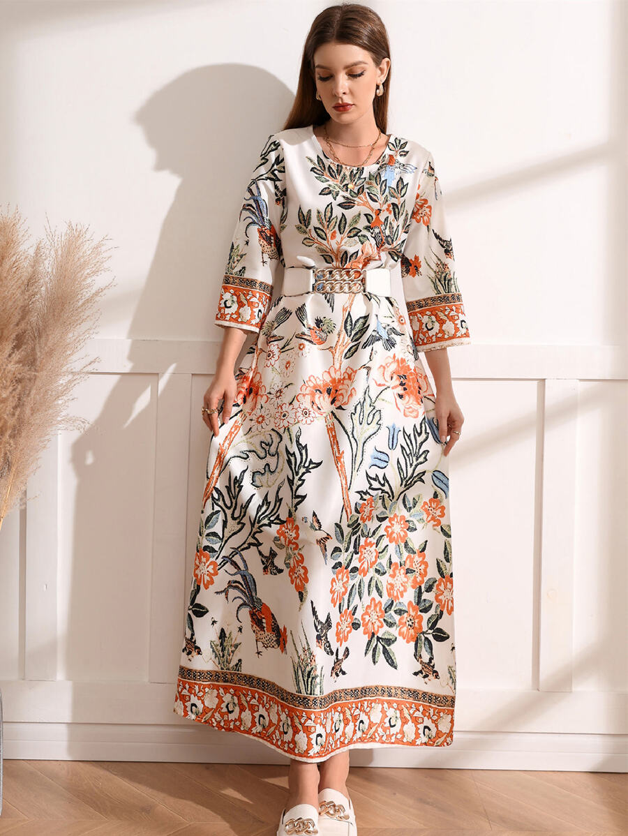Al Najma Floral Print Round Neck Tunic Dress Without Belt - Multicolor - View 1