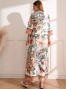 Al Najma Floral Print Round Neck Tunic Dress Without Belt - Multicolor - View 2