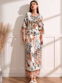 Al Najma Floral Print Round Neck Tunic Dress Without Belt - Multicolor - View 3