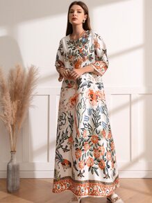 Al Najma Floral Print Round Neck Tunic Dress Without Belt - Multicolor - View 4