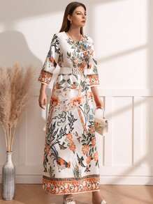 Al Najma Floral Print Round Neck Tunic Dress Without Belt - Multicolor - View 6