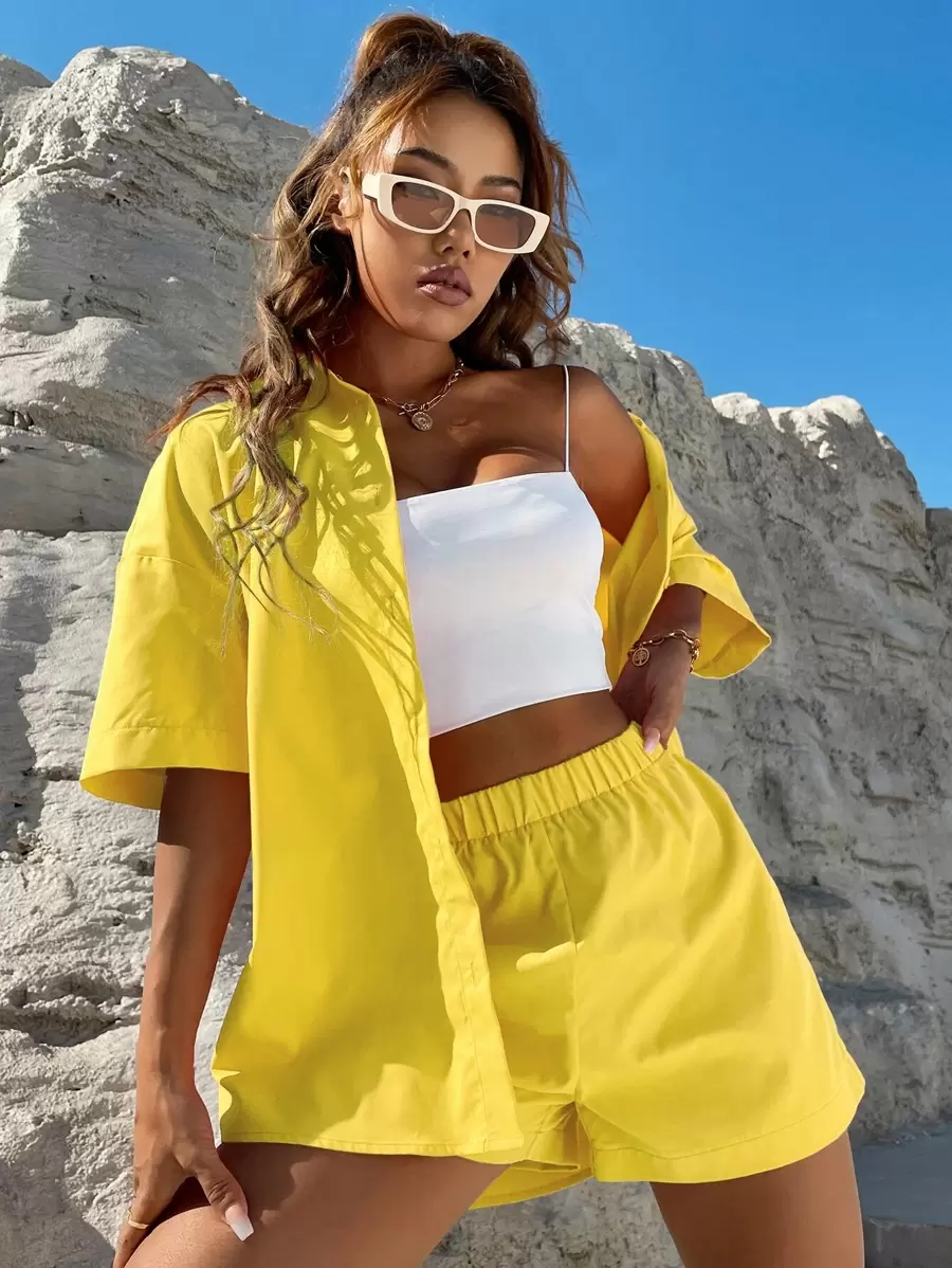SHEIN Unity Solid Button Through Drop Shoulder Shirt & Shorts - Yellow - View 1