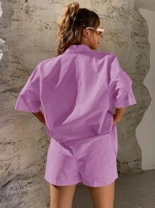SHEIN Unity Solid Button Through Drop Shoulder Shirt & Shorts - Lilac Purple - View 2
