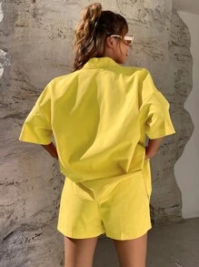 SHEIN Unity Solid Button Through Drop Shoulder Shirt & Shorts - Yellow - View 2