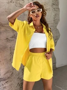 SHEIN Unity Solid Button Through Drop Shoulder Shirt & Shorts - Yellow - View 5