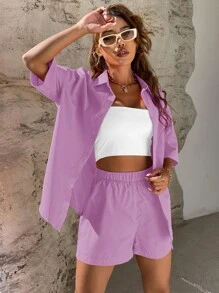 SHEIN Unity Solid Button Through Drop Shoulder Shirt & Shorts - Lilac Purple - View 5