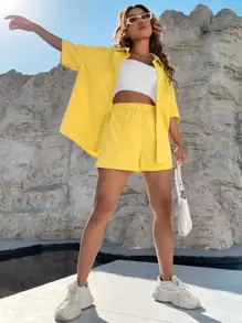 SHEIN Unity Solid Button Through Drop Shoulder Shirt & Shorts - Yellow - View 6