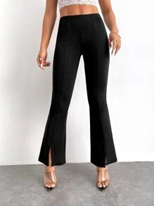 SHEIN PETITE Split Hem Flare Leg Trousers - Black - View 1