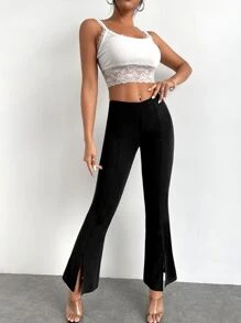 SHEIN PETITE Split Hem Flare Leg Trousers - Black - View 4