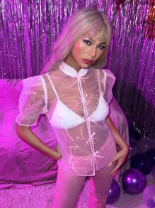 泡泡袖前蝴蝶結歐根紗襯衫不附胸罩