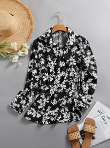 SHEIN LUNE Blusa con estampado floral con botón - Negro - Ver 1