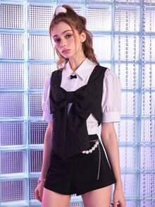 1pc Bow Front Crop Tank Top - Black - View 5