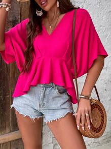 SHEIN LUNE Solid Dolman Sleeve Peplum Blouse Peplum Top - Hot Pink - View 3