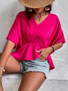 SHEIN LUNE Solid Dolman Sleeve Peplum Blouse Peplum Top - Hot Pink - View 6