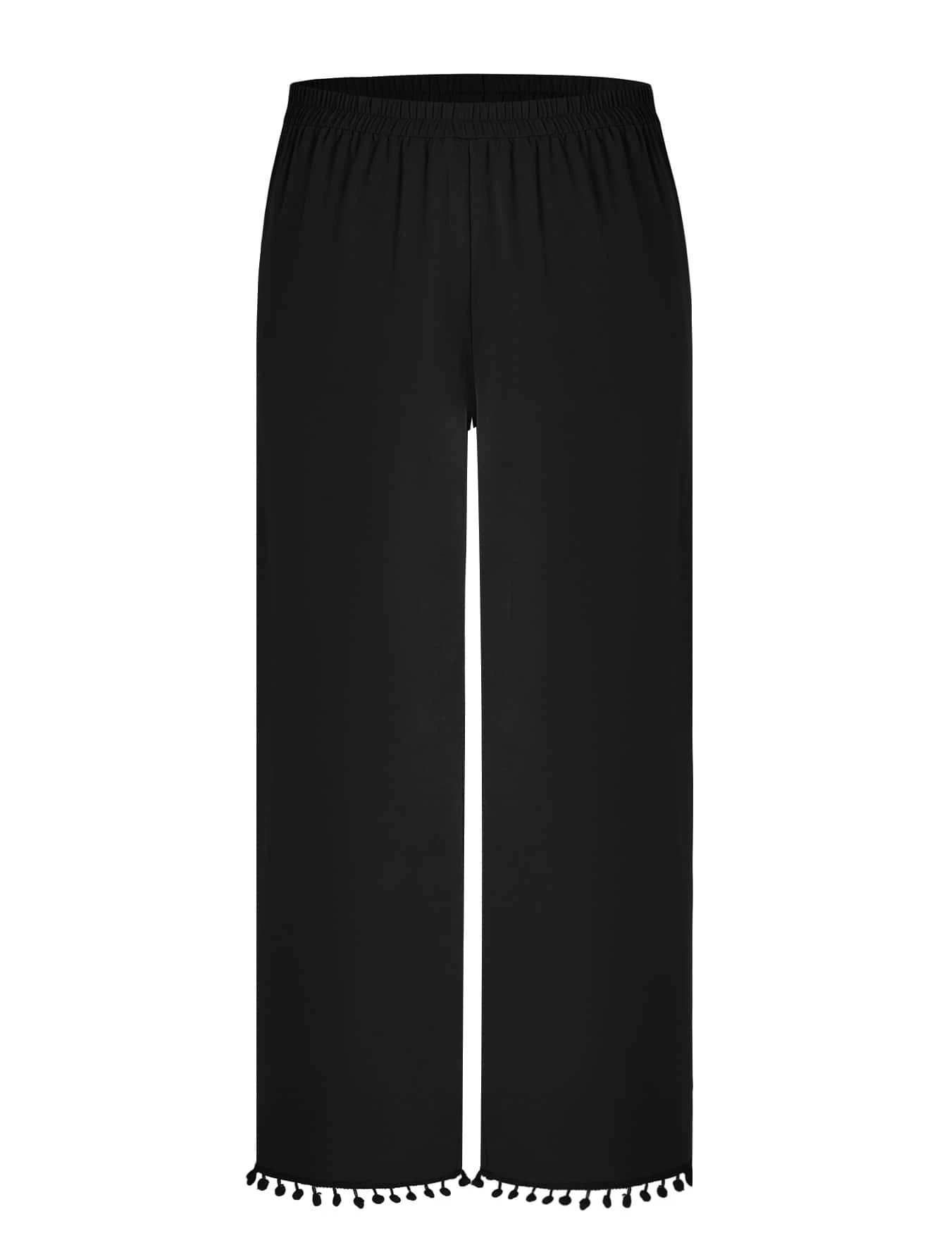 Pantalones rectos ribete con pompón - Negro - Ver 1