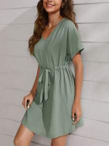 SHEIN Vestido de hombros caídos de cintura con cordón - Verde - Ver 1