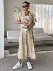 DAZY Plaid Single Button Blazer & Pleated Skirt - Yellow - View 1